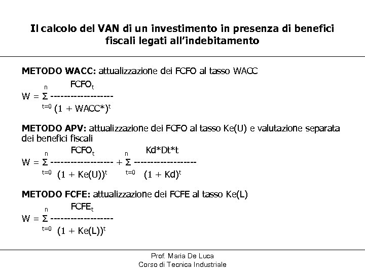 Il calcolo del VAN di un investimento in presenza di benefici fiscali legati all’indebitamento