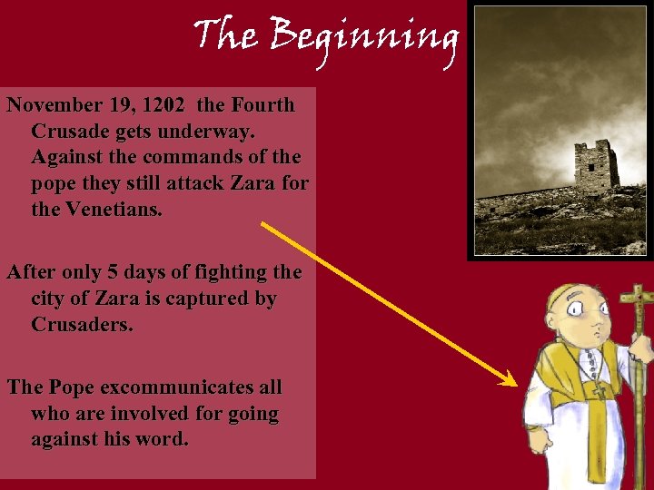 The Beginning November 19, 1202 the Fourth Crusade gets underway. Against the commands of