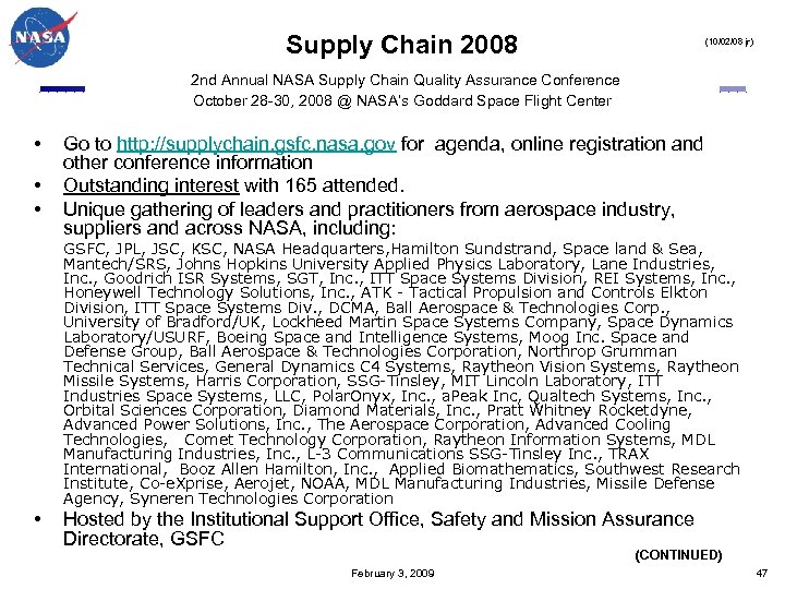 Supply Chain 2008 (10/02/08 jr) 2 nd Annual NASA Supply Chain Quality Assurance Conference