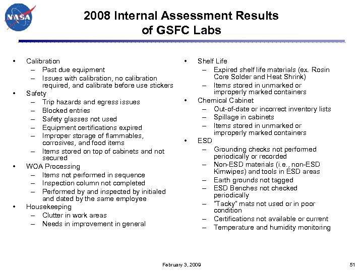 2008 Internal Assessment Results of GSFC Labs • • Calibration – Past due equipment