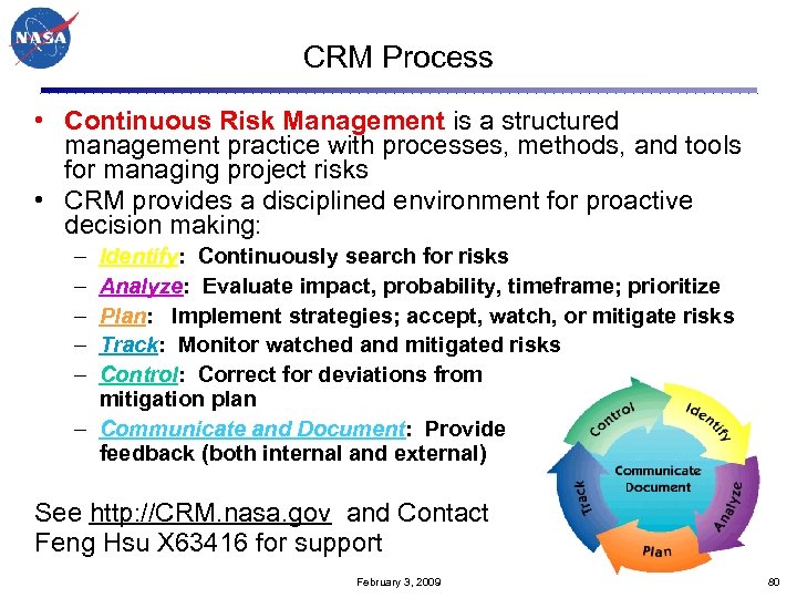 CRM Process • Continuous Risk Management is a structured management practice with processes, methods,