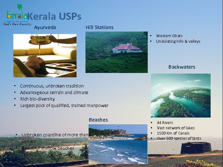 Kerala USPs Ayurveda Hill Stations • • Western Ghats Undulating hills & valleys Backwaters