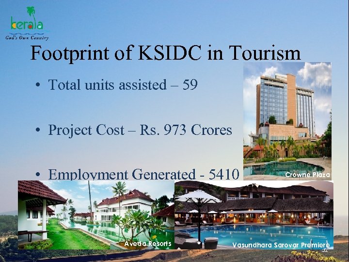Footprint of KSIDC in Tourism • Total units assisted – 59 • Project Cost