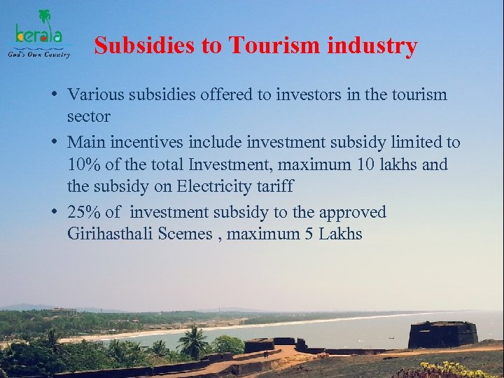 Subsidies to Tourism industry • Various subsidies offered to investors in the tourism sector