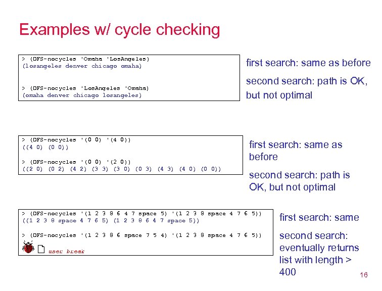 Examples w/ cycle checking > (DFS-nocycles 'Omaha 'Los. Angeles) (losangeles denver chicago omaha) first