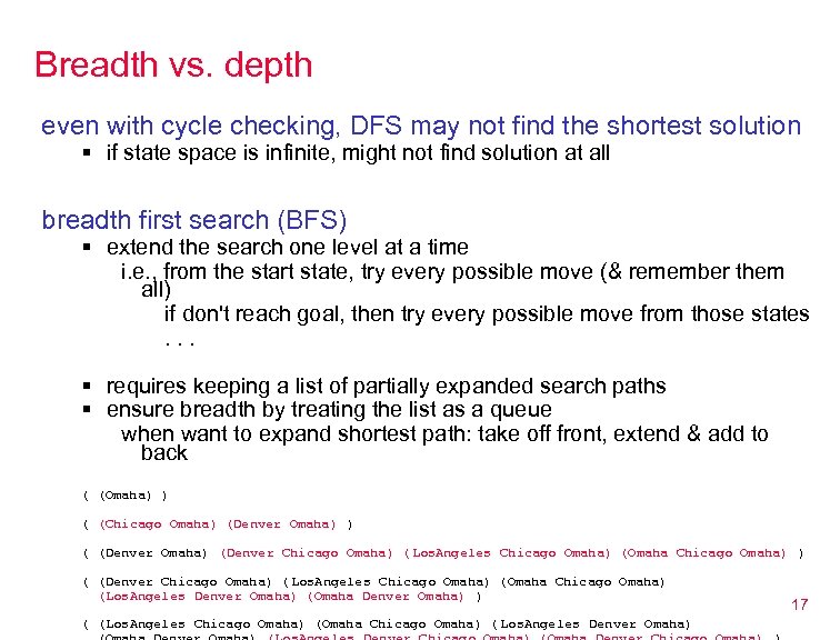 Breadth vs. depth even with cycle checking, DFS may not find the shortest solution
