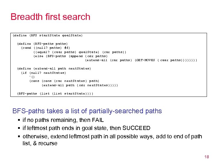Breadth first search (define (BFS start. State goal. State) (define (BFS-paths) (cond ((null? paths)