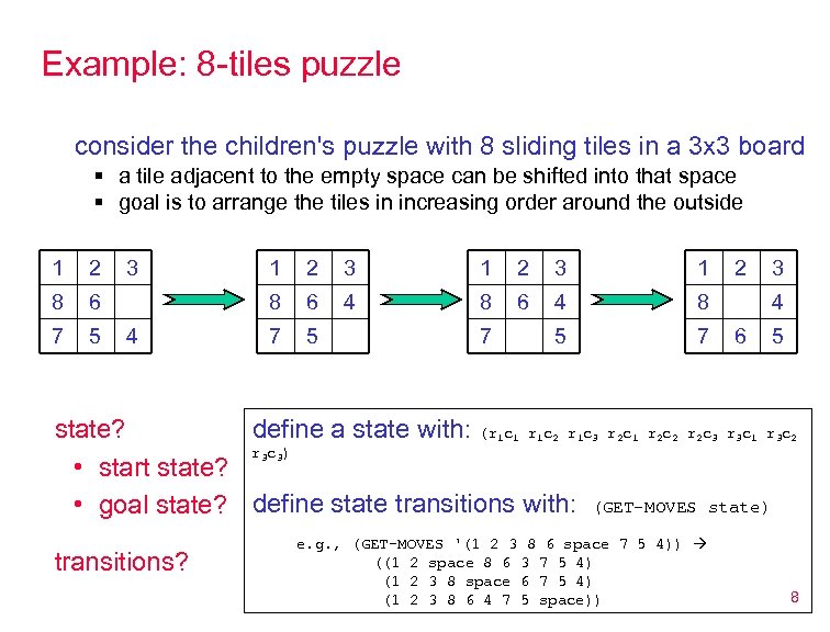 Example: 8 -tiles puzzle consider the children's puzzle with 8 sliding tiles in a
