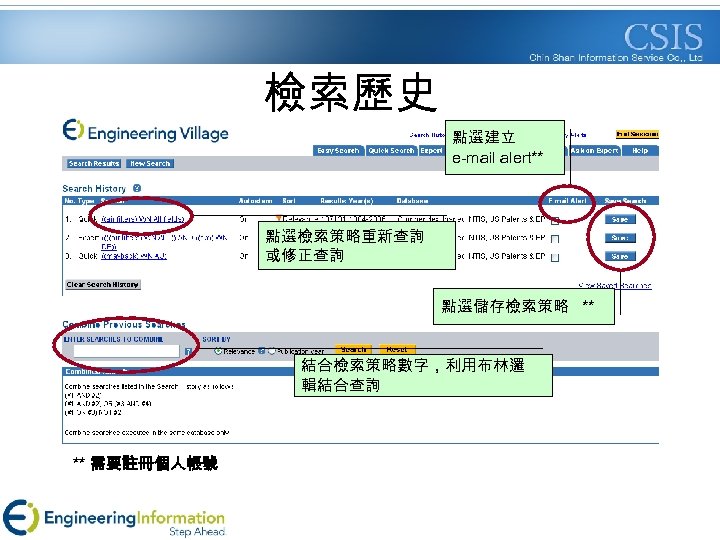 檢索歷史 點選建立 e-mail alert** 點選檢索策略重新查詢 或修正查詢 點選儲存檢索策略 ** 結合檢索策略數字，利用布林邏 輯結合查詢 ** 需要註冊個人帳號 