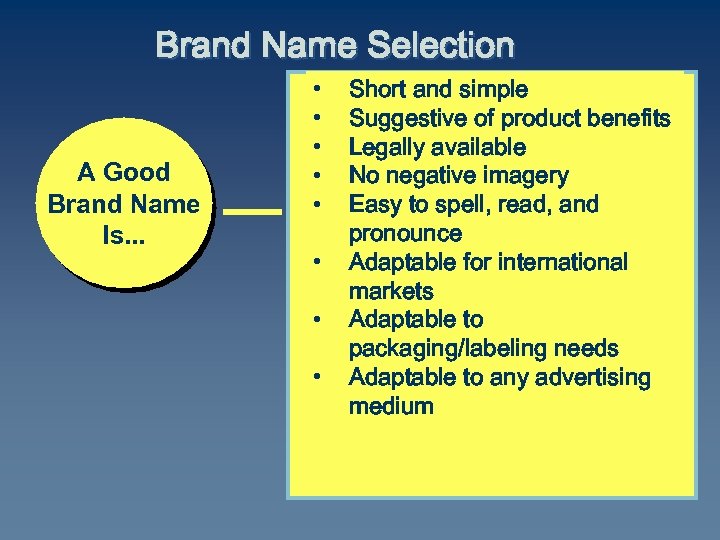 Brand Name Selection A Good Brand Name Is. . . • • Short and