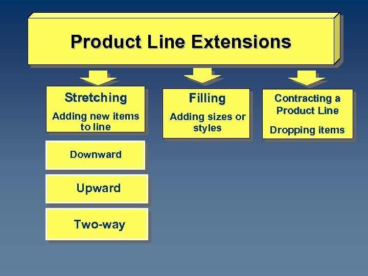 Product Line Extensions Stretching Filling Adding new items to line Adding sizes or styles