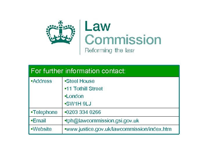 For further information contact: • Address • Steel House • 11 Tothill Street •