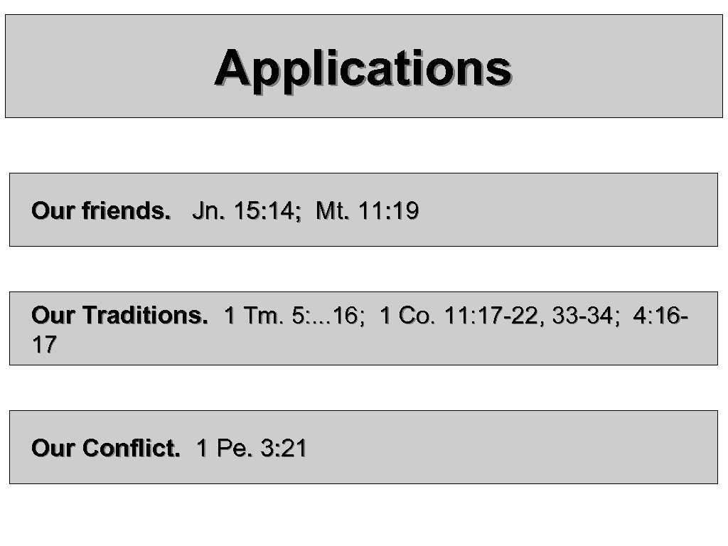 Applications Our friends. Jn. 15: 14; Mt. 11: 19 Our Traditions. 1 Tm. 5: