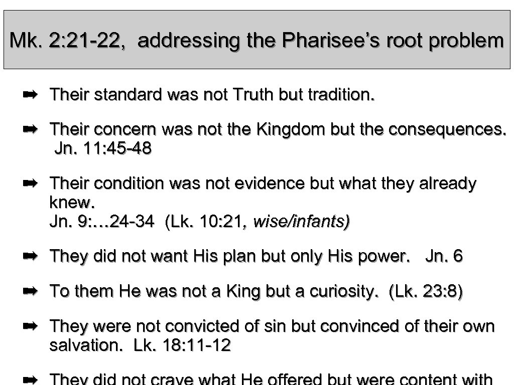 Mk. 2: 21 -22, addressing the Pharisee’s root problem ➡ Their standard was not