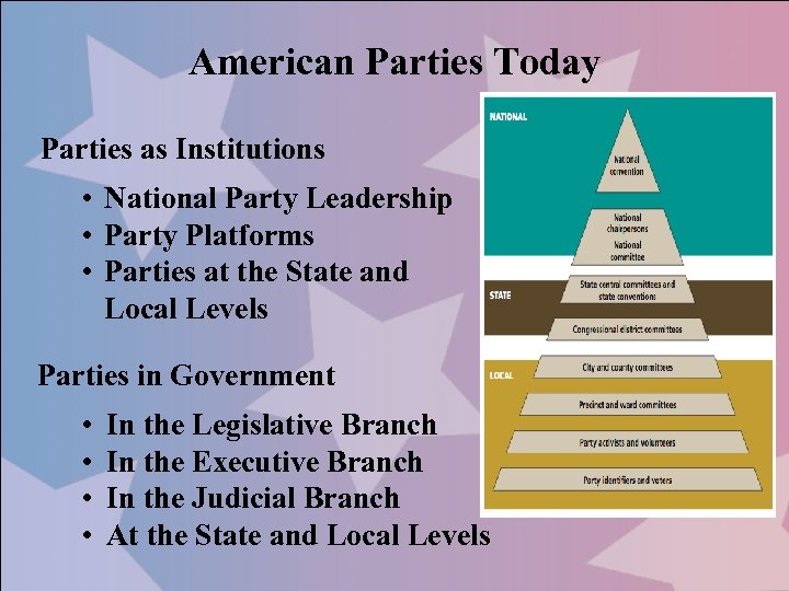 American Parties Today Parties as Institutions • National Party Leadership • Party Platforms •