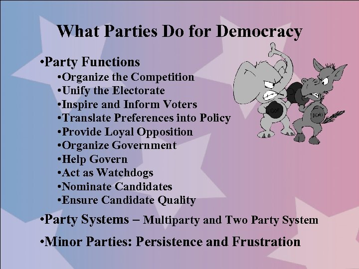 What Parties Do for Democracy • Party Functions • Organize the Competition • Unify