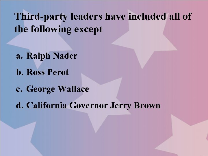 Third-party leaders have included all of the following except a. Ralph Nader b. Ross