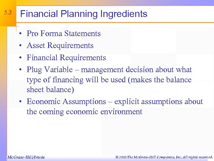 5. 2 Financial Planning Ingredients • • Pro Forma Statements Asset Requirements Financial Requirements