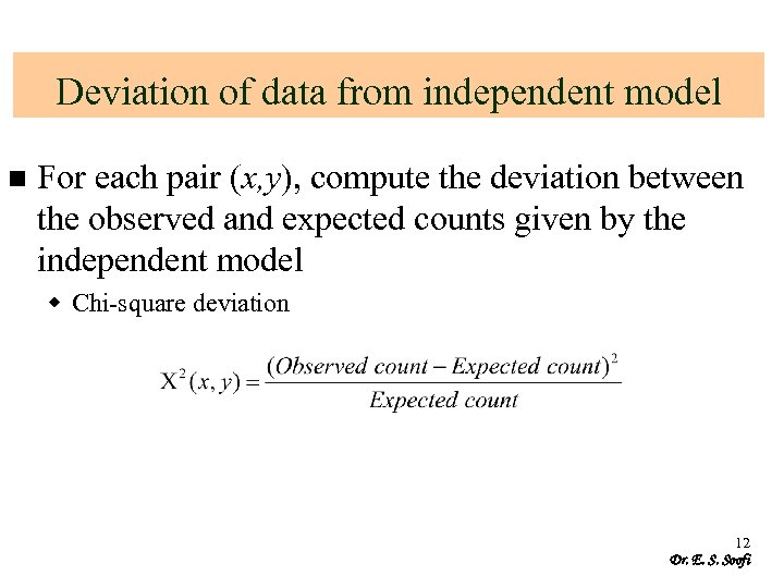 Deviation of data from independent model n For each pair (x, y), compute the