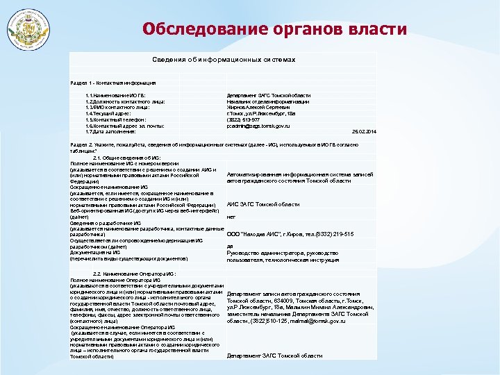 Обследование органов власти Сведения об информационных системах Раздел 1 - Контактная информация 1. 1.
