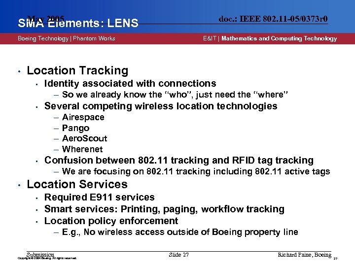 May SMA 2005 Elements: LENS doc. : IEEE 802. 11 -05/0373 r 0 Boeing