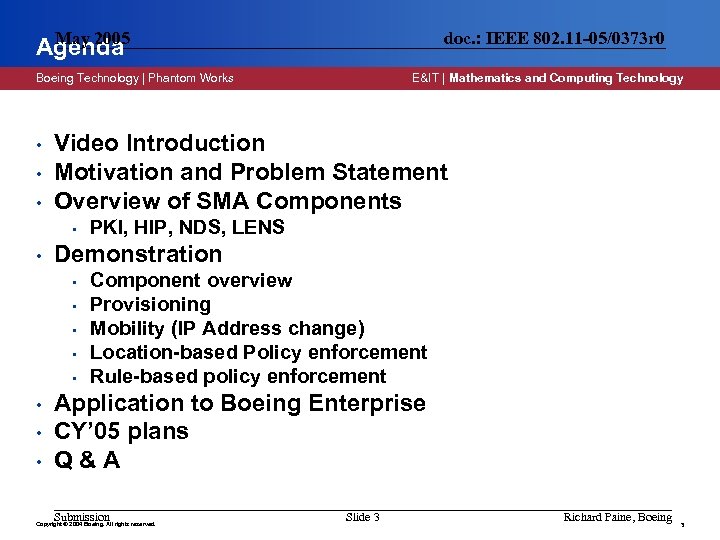May 2005 Agenda doc. : IEEE 802. 11 -05/0373 r 0 Boeing Technology |