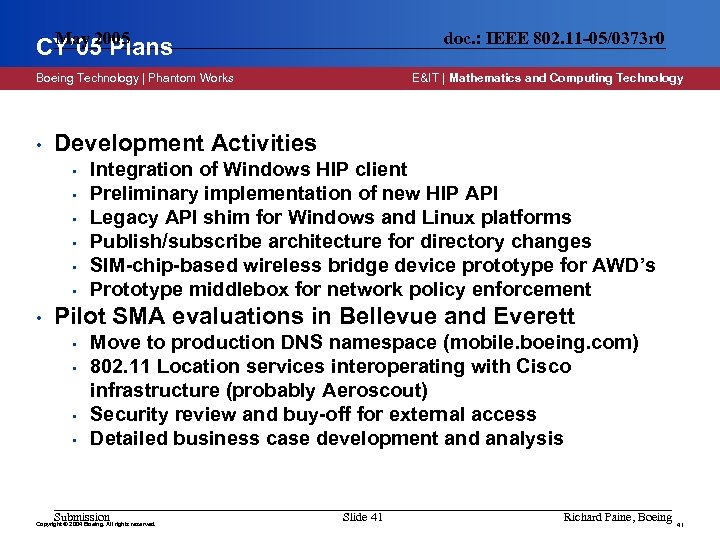 May 2005 CY’ 05 Plans doc. : IEEE 802. 11 -05/0373 r 0 Boeing