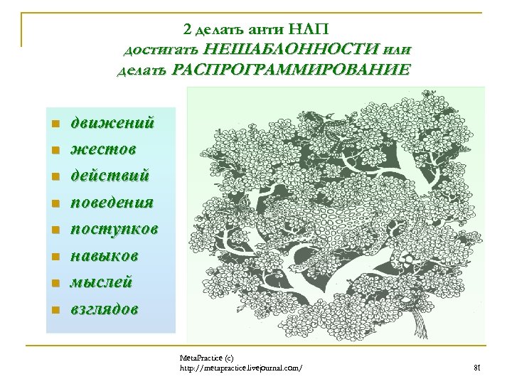 2 делать анти НЛП достигать НЕШАБЛОННОСТИ или делать РАСПРОГРАММИРОВАНИЕ n n n n движений