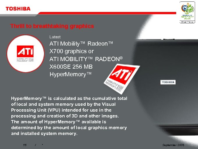 Thrill to breathtaking graphics Latest ATI Mobility™ Radeon™ X 700 graphics or ATI MOBILITY™