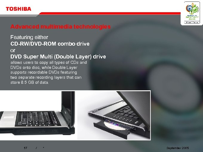 Advanced multimedia technologies Featuring either CD-RW/DVD-ROM combo drive or DVD Super Multi (Double Layer)