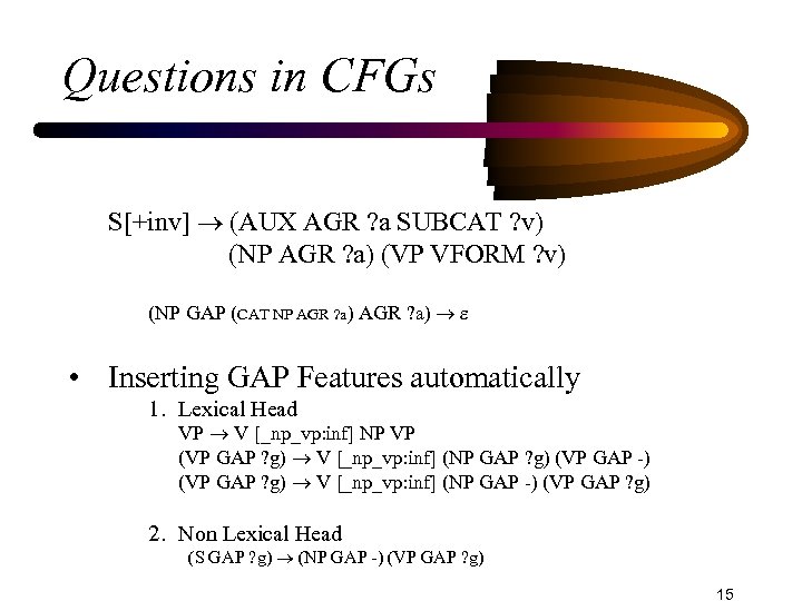Questions in CFGs S[+inv] (AUX AGR ? a SUBCAT ? v) (NP AGR ?