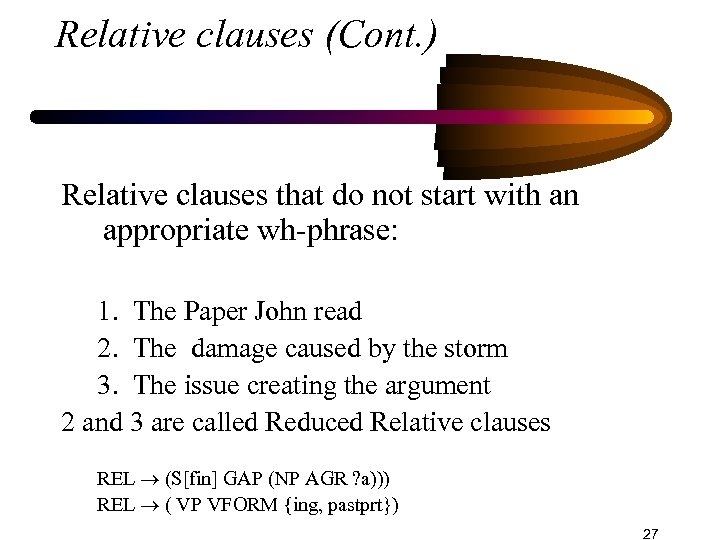 Relative clauses (Cont. ) Relative clauses that do not start with an appropriate wh-phrase:
