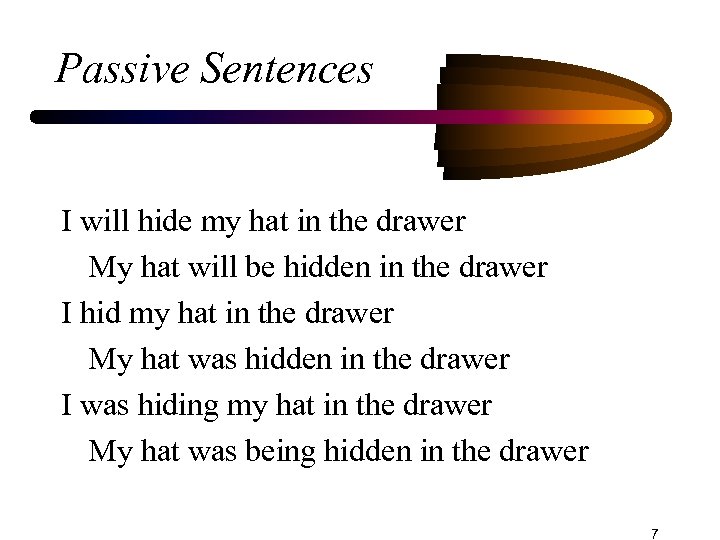 Passive Sentences I will hide my hat in the drawer My hat will be