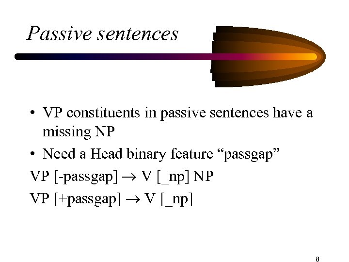 Passive sentences • VP constituents in passive sentences have a missing NP • Need