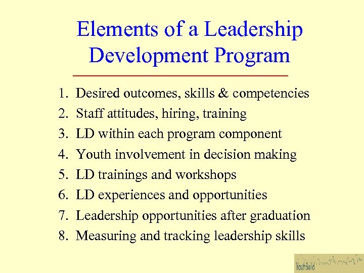 Elements of a Leadership Development Program 1. 2. 3. 4. 5. 6. 7. 8.