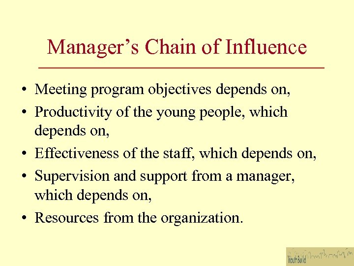 Manager’s Chain of Influence • Meeting program objectives depends on, • Productivity of the