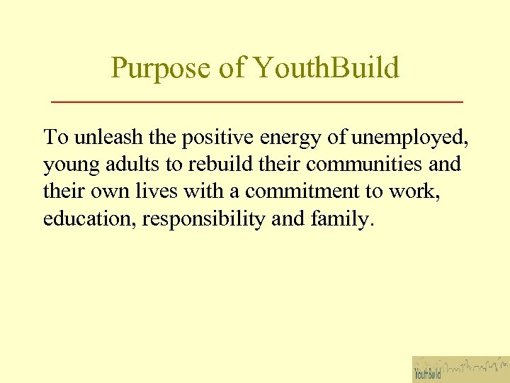 Purpose of Youth. Build To unleash the positive energy of unemployed, young adults to