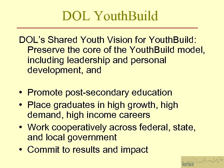 DOL Youth. Build DOL’s Shared Youth Vision for Youth. Build: Preserve the core of