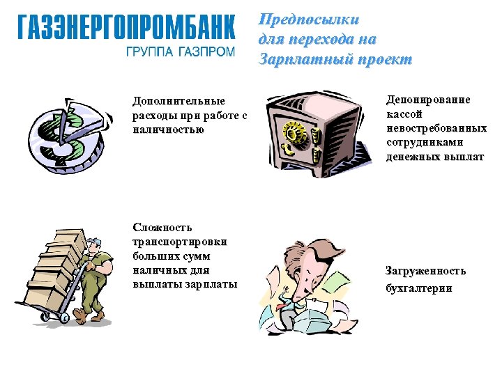 Предпосылки для перехода на Зарплатный проект Дополнительные расходы при работе с наличностью Сложность транспортировки