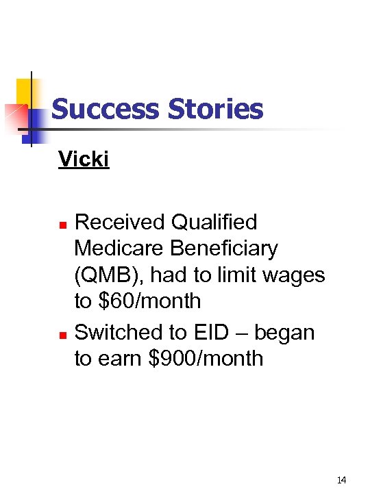 Success Stories Vicki Received Qualified Medicare Beneficiary (QMB), had to limit wages to $60/month