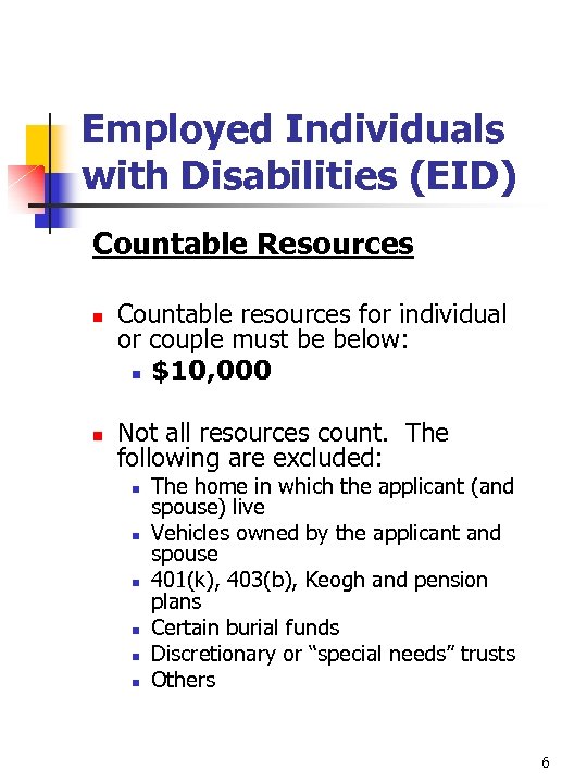 Employed Individuals with Disabilities (EID) Countable Resources n n Countable resources for individual or