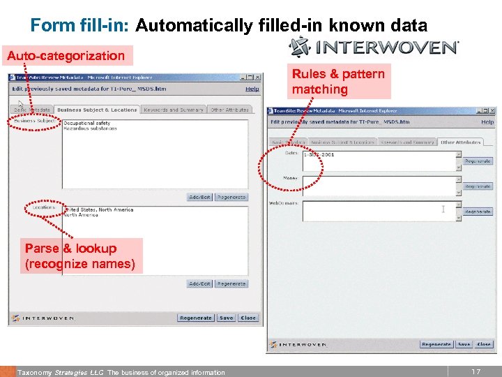 Form fill-in: Automatically filled-in known data Auto-categorization Rules & pattern matching Parse & lookup