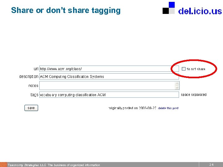 Share or don’t share tagging Taxonomy Strategies LLC The business of organized information 24