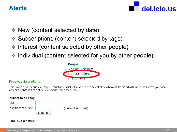Alerts v New (content selected by date) v Subscriptions (content selected by tags) v