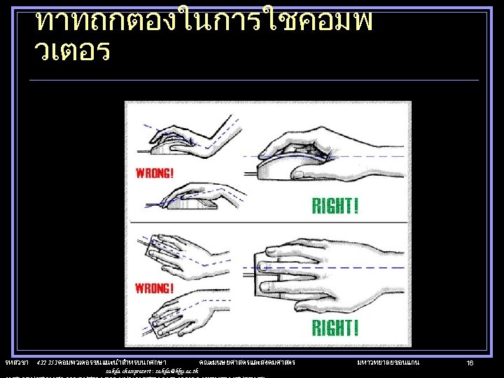 ทาทถกตองในการใชคอมพ วเตอร รหสวชา 412 151 คอมพวเตอรขนแนะนำสำหรบนกศกษา คณะมนษยศาสตรและสงคมศาสตร sakda chanprasert : sakda@kku. ac. th มหาวทยาลยขอนแกน