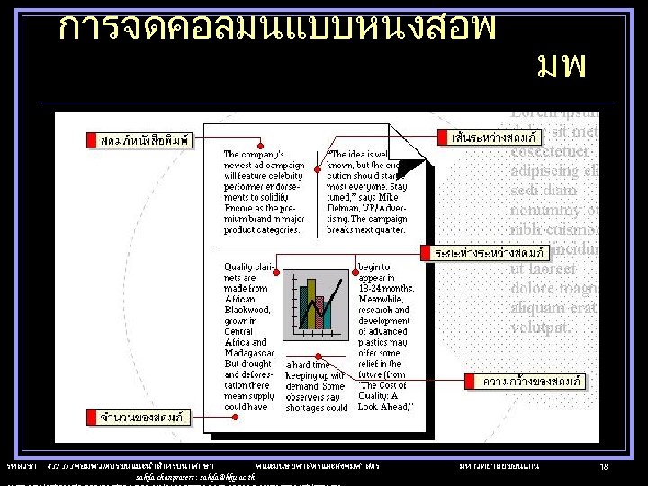 การจดคอลมนแบบหนงสอพ รหสวชา 412 151 คอมพวเตอรขนแนะนำสำหรบนกศกษา คณะมนษยศาสตรและสงคมศาสตร sakda chanprasert : sakda@kku. ac. th มพ มหาวทยาลยขอนแกน