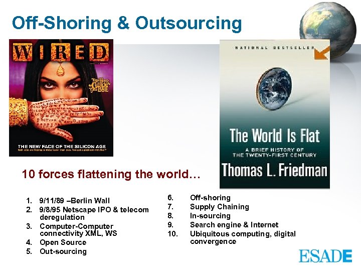 Off-Shoring & Outsourcing 10 forces flattening the world… 1. 9/11/89 –Berlin Wall 2. 9/8/95