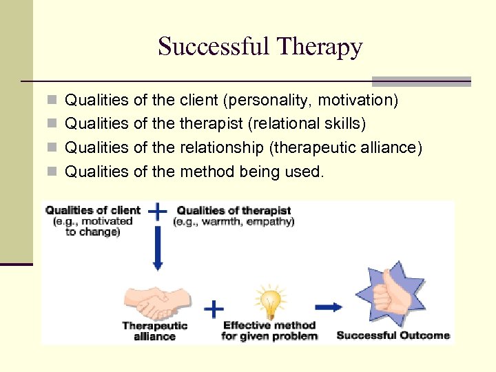 Successful Therapy n Qualities of the client (personality, motivation) n Qualities of therapist (relational