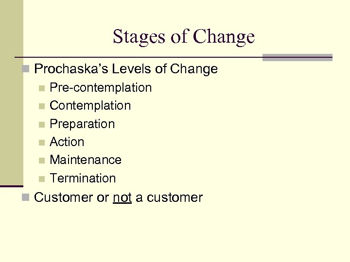 Stages of Change n Prochaska’s Levels of Change n Pre-contemplation n Contemplation n Preparation