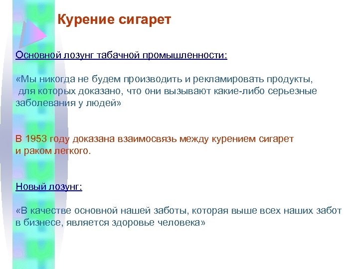 Курение сигарет Основной лозунг табачной промышленности: «Мы никогда не будем производить и рекламировать продукты,